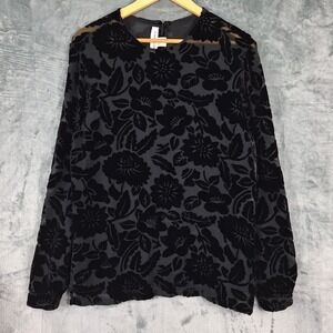 Womens Top 10 Black Silk Velvet Burnout Whimsigoth Dark Floral Sheer Goth Grunge